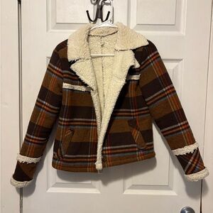 Maurices Brown and Cream Plaid Teddy Jacket